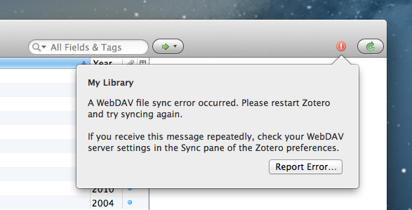 Zotero ran into a WebDAV file sync error