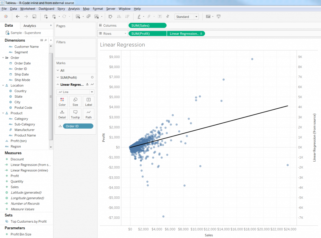 Linear regression line in Tableau calculated by external R script
