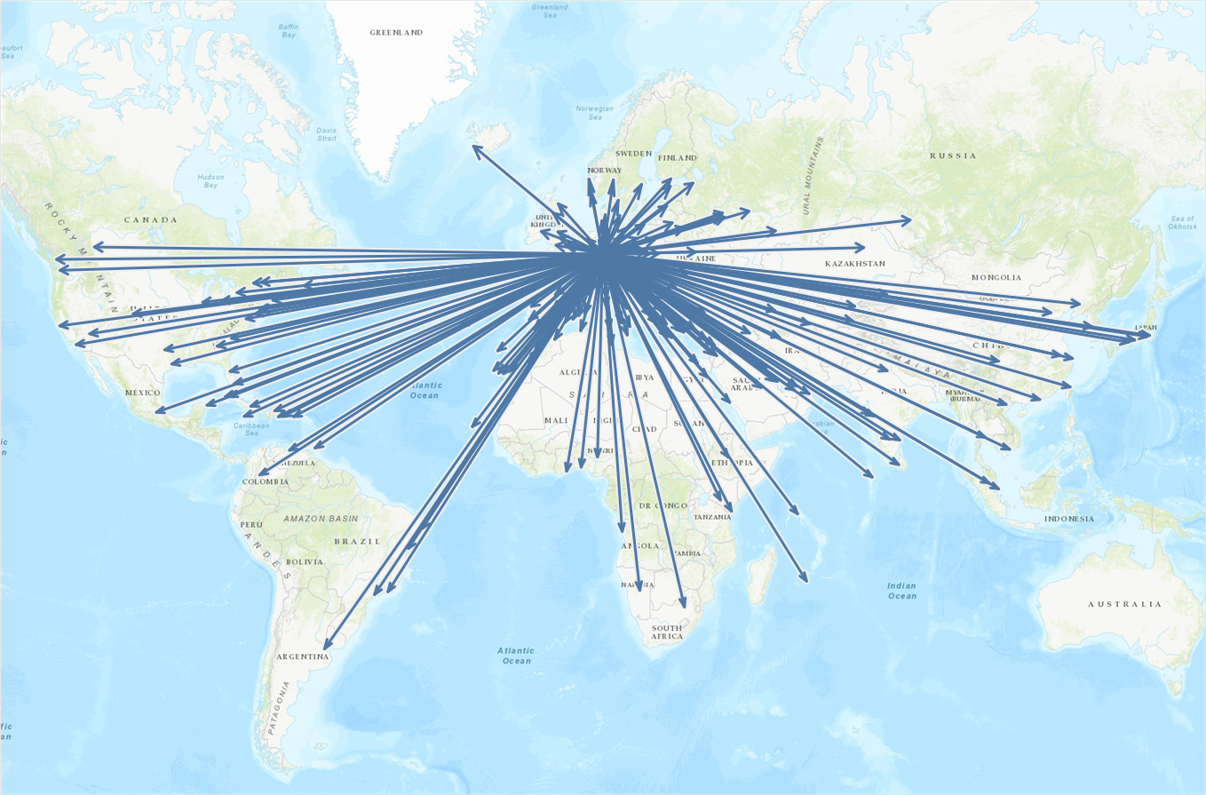 Plotting all flights from Frankfurt (FRA) as arrows on a map